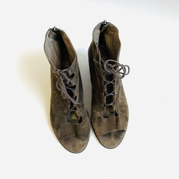 Eileen Fisher Taupe Suede Leather Lace Up Open Toes Block Heel Bootie 8.5 - Picture 3 of 8